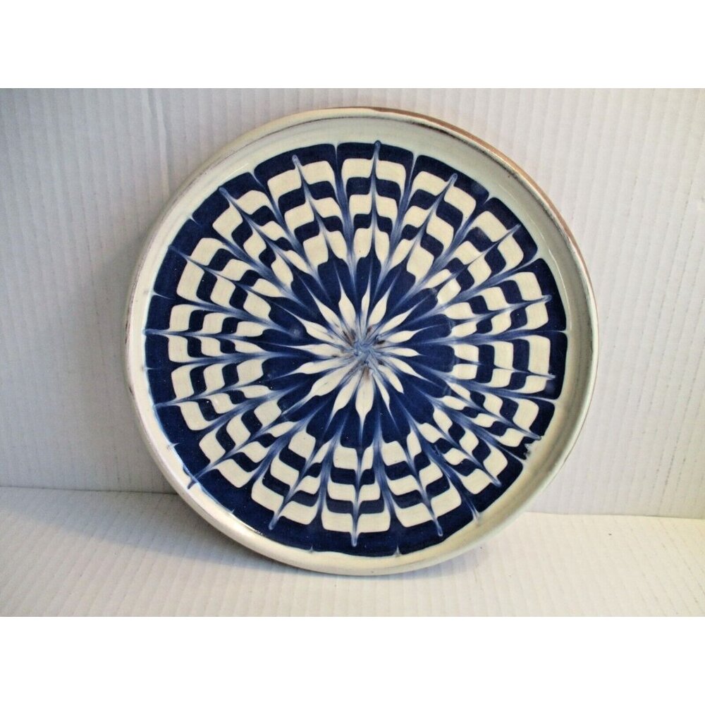 *Artist Glazed Pottery Round Tray Blue Starburst Design